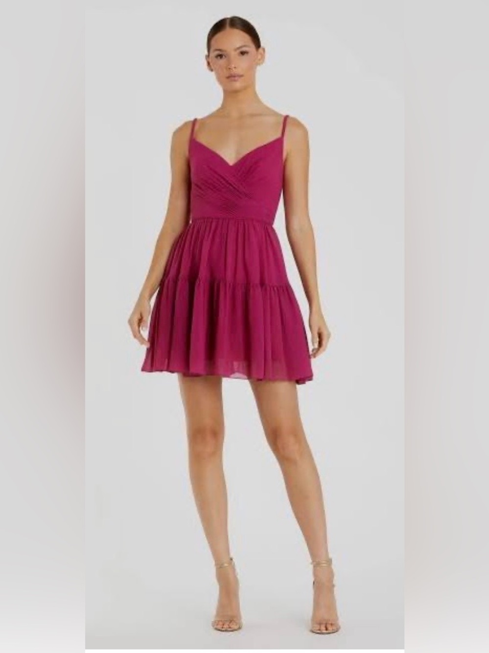NWT Ieena Mac Duggal Pleated Wrap Tiered Chiffon Mini Dress fuchsia Size 12